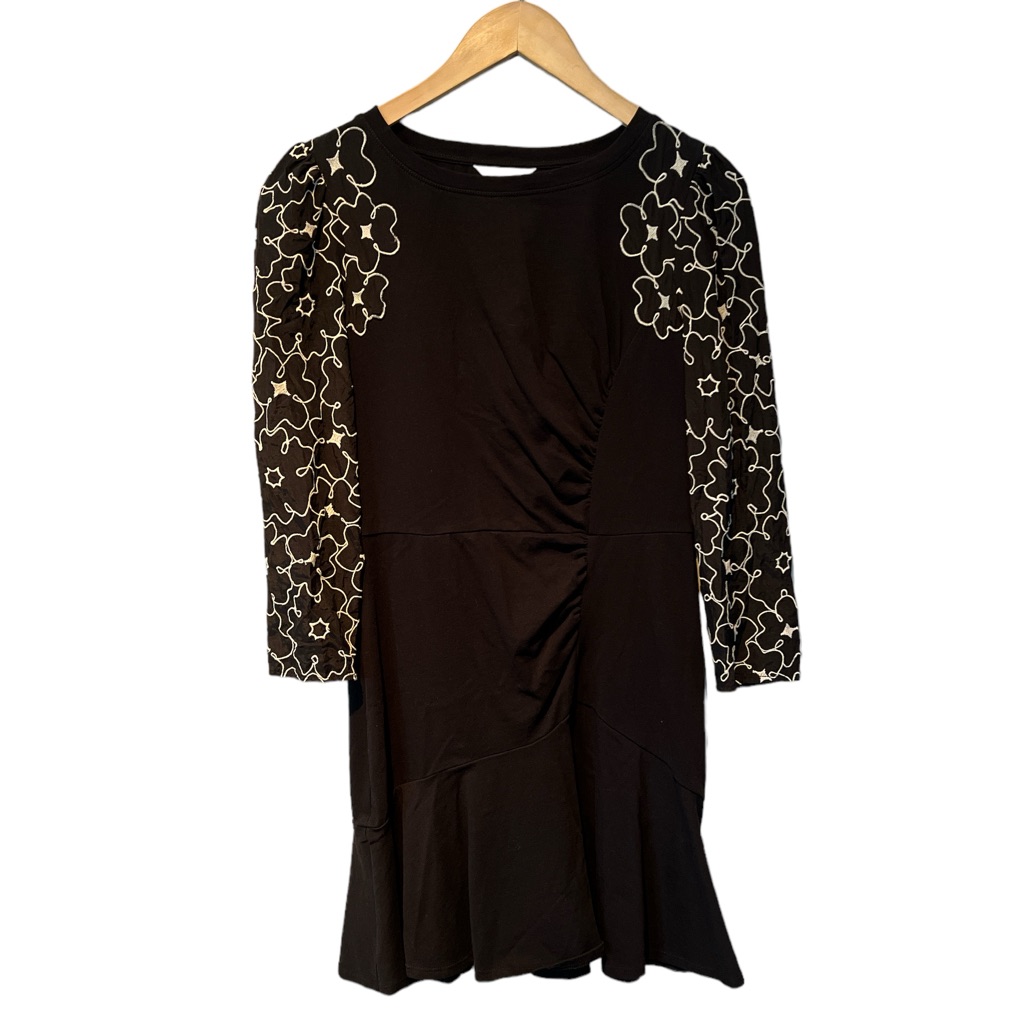 Rebecca Taylor Black Silk Blend Rushed Floral Sleeve Dress Size 4
